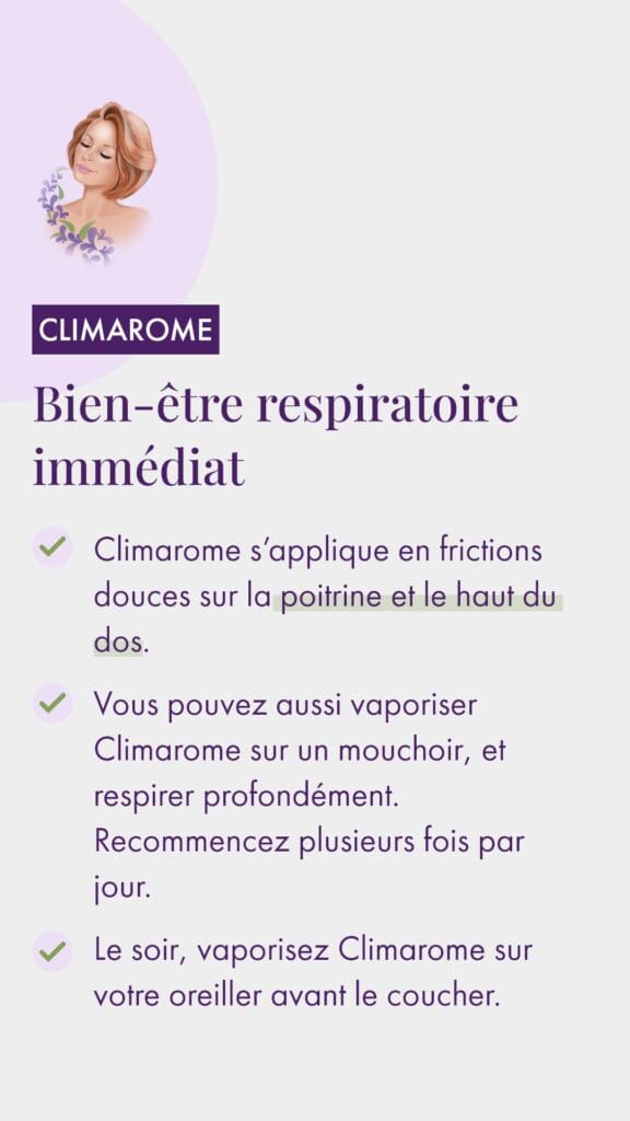 Climarome, préparation Dr Valnet prête à l'emploi. S'applique en frictions douces sur la poitrine et le haut du dos ou vaporisé sur un mouchoir.