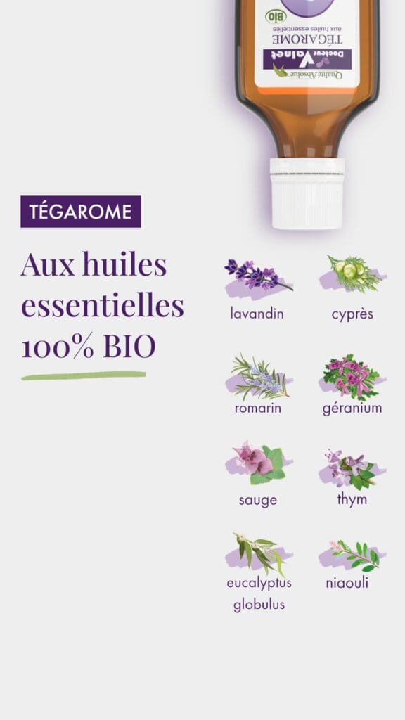 Tégarome aux huiles essentielles 100% BIO de lavandin, cyprès, romarin, géranium, sauge, thym, eucalyptus globulus et niaouli