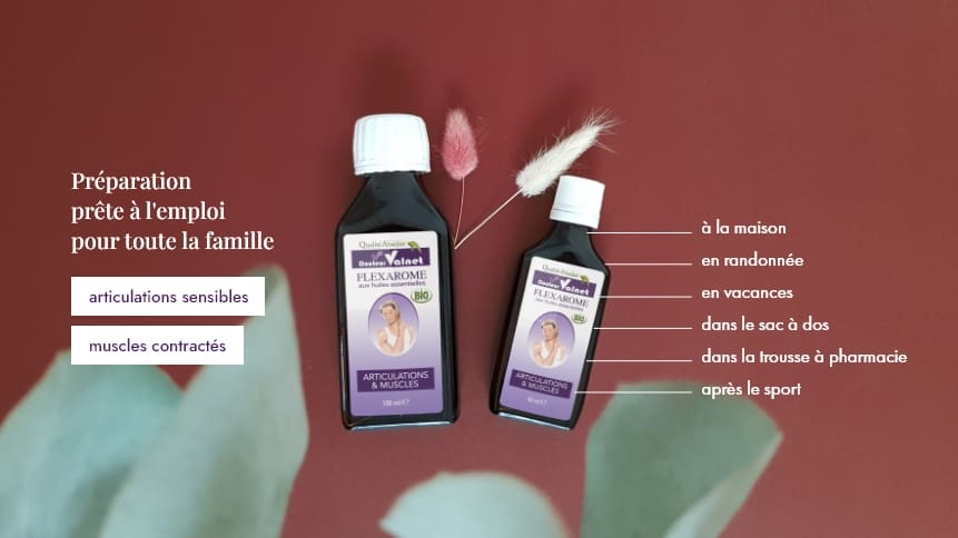 Flexarome, la préparation prête à l'emploi pour toute la famille. En cas d'articulations sensibles, muscles contractés... à la maison, en randonnée, en vacances, dans le sac à dos, dans la trousse à pharmacie ou après le sport.