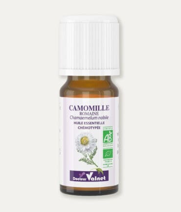 Flacon 10 ml d'huile essentielle de camomille romaine. Certifiée label AB, Agriculture Biologique.