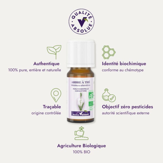 Huile essentielle arbre à thé. Qualité Absolue Docteur Valnet. 100% pure, entière et naturelle. Agriculture Biologique. 100% BIO. Identité biochimique : conforme au chémotype. Objectif zéro pesticides.