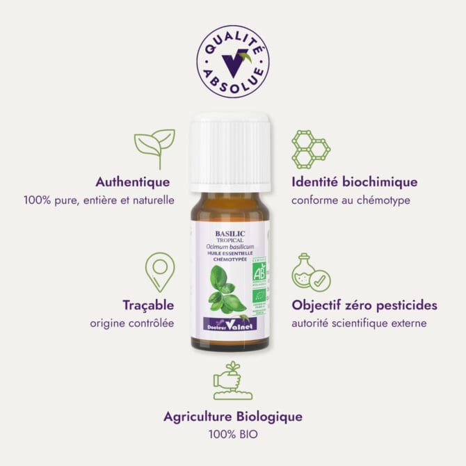 Huile essentielle de Basilic tropical du Dr Valnet (10ml). Qualité Absolue Docteur Valnet. 100% pure, entière et naturelle. Agriculture Biologique. 100% BIO. Identité biochimique : conforme au chémotype. Objectif zéro pesticides.