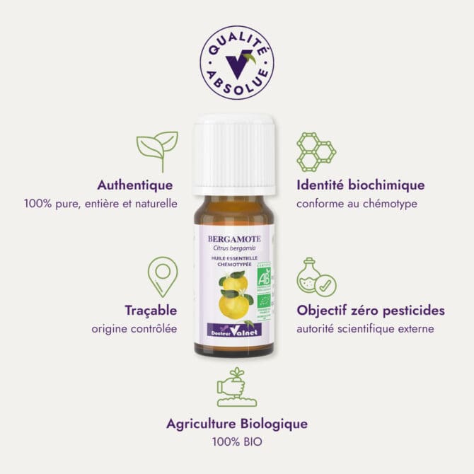 Huile essentielle de bergamote du Dr Valnet (10ml). Qualité Absolue Docteur Valnet. 100% pure, entière et naturelle. Agriculture Biologique. 100% BIO. Identité biochimique : conforme au chémotype. Objectif zéro pesticides.