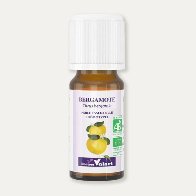 Flacon 10 ml d'huile essentielle de bergamote. Certifiée label AB, Agriculture Biologique.