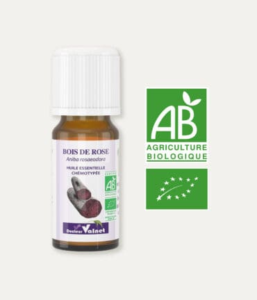 Huile essentielle de bois de rose 100% BIO, certifiée label AB, Agriculture Biologique.
