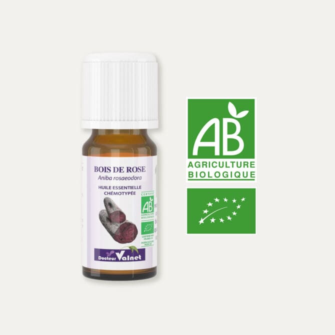 Huile essentielle de bois de rose 100% BIO, certifiée label AB, Agriculture Biologique.