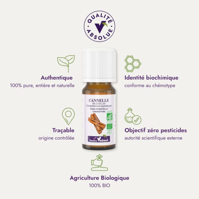 Huile essentielle de cannelle de ceylan du Dr Valnet (10ml). Qualité Absolue Docteur Valnet. 100% pure, entière et naturelle. Agriculture Biologique. 100% BIO. Identité biochimique : conforme au chémotype. Objectif zéro pesticides.