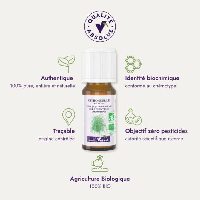 Huile essentielle de citronnelle de java du Dr Valnet (10ml). Qualité Absolue Docteur Valnet. 100% pure, entière et naturelle. Agriculture Biologique. 100% BIO. Identité biochimique : conforme au chémotype. Objectif zéro pesticides.