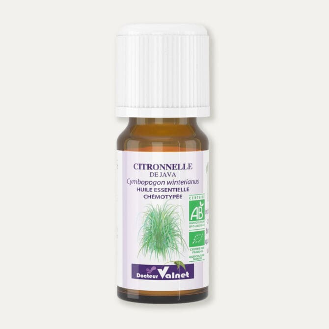 Flacon 10 ml d'huile essentielle de citronnelle de java. Certifiée label AB, Agriculture Biologique.