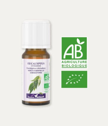 Huile essentielle d'eucalyptus citronné 100% BIO, certifiée label AB, Agriculture Biologique.