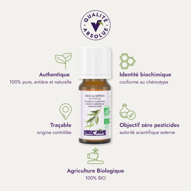 Huile essentielle d'eucalyptus globulus du Dr Valnet (10ml). Qualité Absolue Docteur Valnet. 100% pure, entière et naturelle. Agriculture Biologique. 100% BIO. Identité biochimique : conforme au chémotype. Objectif zéro pesticides.
