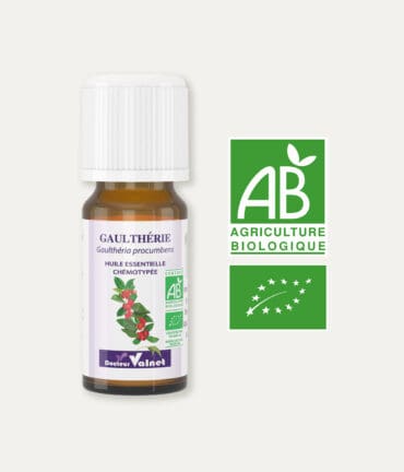 Huile essentielle de gaulthérie 100% BIO, certifiée label AB, Agriculture Biologique.