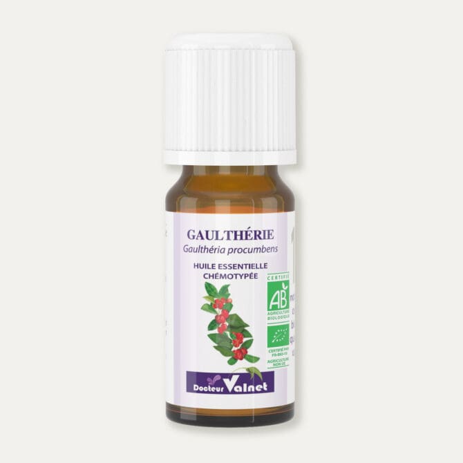 Flacon 10 ml d'huile essentielle de gaulthérie. Certifiée label AB, Agriculture Biologique.