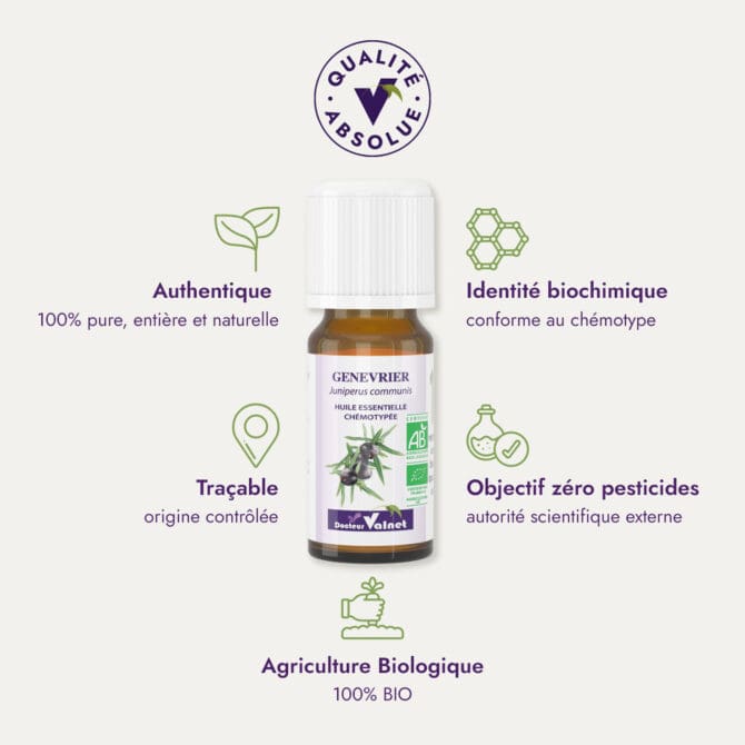 Huile essentielle de genévrier du Dr Valnet (10ml). Qualité Absolue Docteur Valnet. 100% pure, entière et naturelle. Agriculture Biologique. 100% BIO. Identité biochimique : conforme au chémotype. Objectif zéro pesticides.