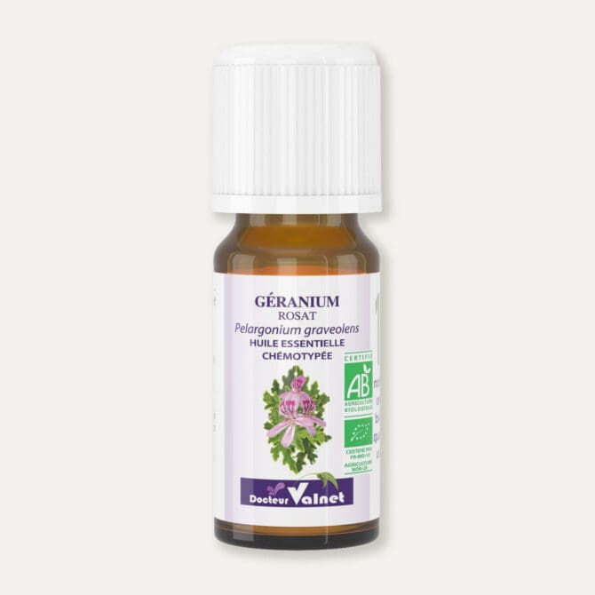 Flacon 10 ml d'huile essentielle de géranium rosat Certifiée label AB, Agriculture Biologique.