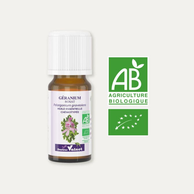 Huile essentielle de géranium rosat 100% BIO, certifiée label AB, Agriculture Biologique.