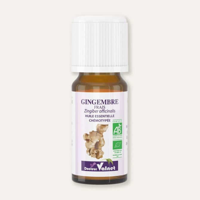 Flacon 10 ml d'huile essentielle de gingembre frais. Certifiée label AB, Agriculture Biologique.