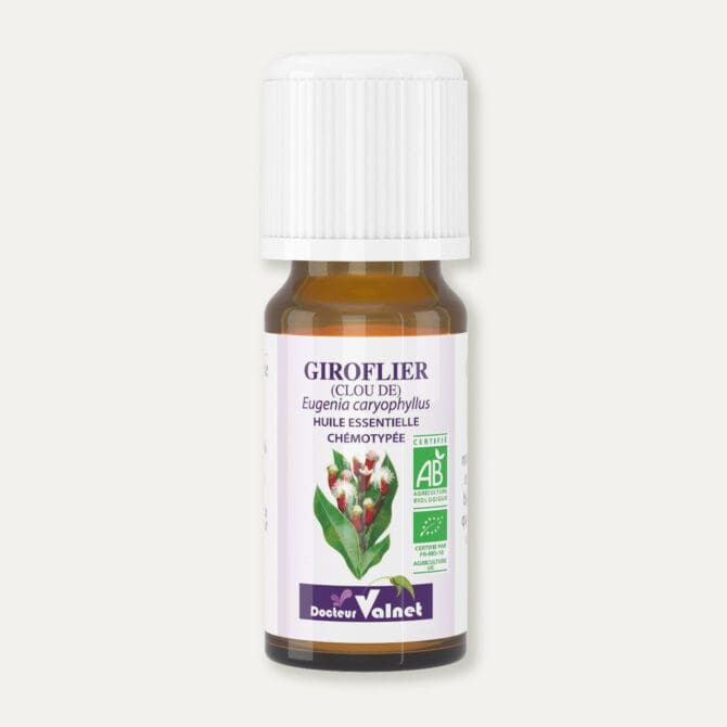 Flacon 10 ml d'huile essentielle de giroflier. Certifiée label AB, Agriculture Biologique.