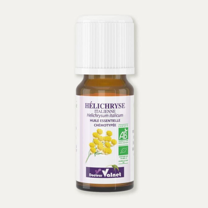 Flacon 10 ml d'huile essentielle de hélichryse italienne. Certifiée label AB, Agriculture Biologique.