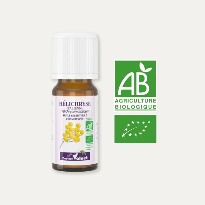 Huile essentielle d'hélichryse italienne 100% BIO, certifiée label AB, Agriculture Biologique.
