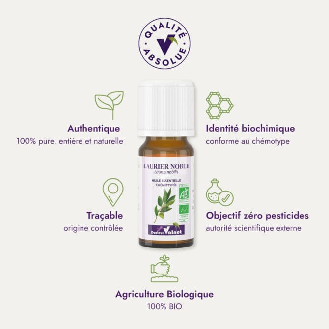 Huile essentielle de laurier noble du Dr Valnet (10ml). Qualité Absolue Docteur Valnet. 100% pure, entière et naturelle. Agriculture Biologique. 100% BIO. Identité biochimique : conforme au chémotype. Objectif zéro pesticides.