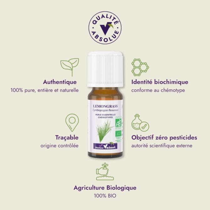 Huile essentielle de Lemongrass du Dr Valnet (10ml). Qualité Absolue Docteur Valnet. 100% pure, entière et naturelle. Agriculture Biologique. 100% BIO. Identité biochimique : conforme au chémotype. Objectif zéro pesticides.