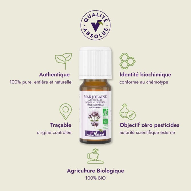 Huile essentielle de Marjolaine à coquilles du Dr Valnet (10ml). Qualité Absolue Docteur Valnet. 100% pure, entière et naturelle. Agriculture Biologique. 100% BIO. Identité biochimique : conforme au chémotype. Objectif zéro pesticides.