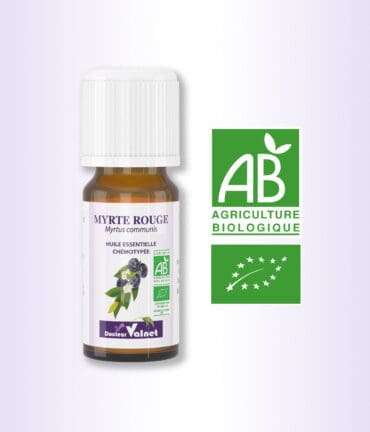 Flacon 10 ml d'huile essentielle de Myrte Rouge. Certifiée label AB, Agriculture Biologique.