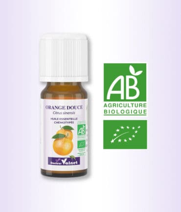 Flacon 10 ml d'huile essentielle de Orange Douce. Certifiée label AB, Agriculture Biologique.