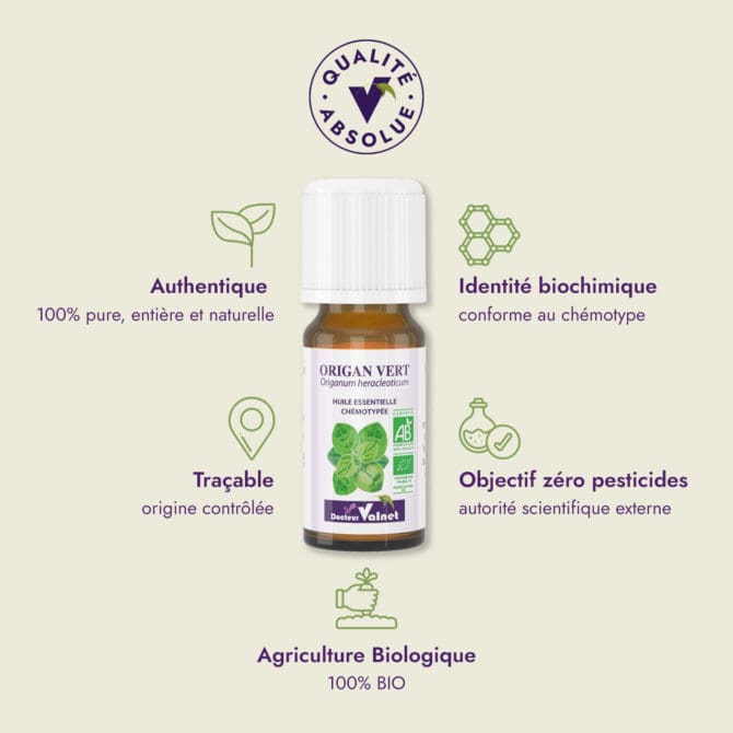 Huile essentielle d'Origan vert du Dr Valnet (10ml). Qualité Absolue Docteur Valnet. 100% pure, entière et naturelle. Agriculture Biologique. 100% BIO. Identité biochimique : conforme au chémotype. Objectif zéro pesticides.
