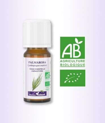 Flacon 10 ml d'huile essentielle de Palmarosa. Certifiée label AB, Agriculture Biologique.