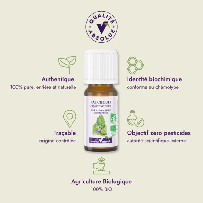 Huile essentielle de Patchouli du Dr Valnet (10ml). Qualité Absolue Docteur Valnet. 100% pure, entière et naturelle. Agriculture Biologique. 100% BIO. Identité biochimique : conforme au chémotype. Objectif zéro pesticides.