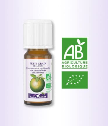 Flacon 10 ml d'huile essentielle de Petit Grain Bigarade. Certifiée label AB, Agriculture Biologique.