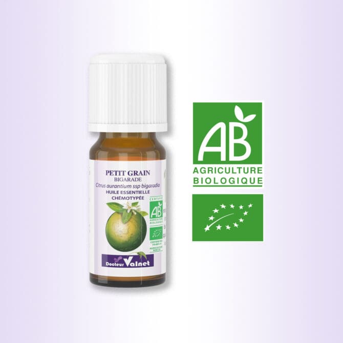 Flacon 10 ml d'huile essentielle de Petit Grain Bigarade. Certifiée label AB, Agriculture Biologique.