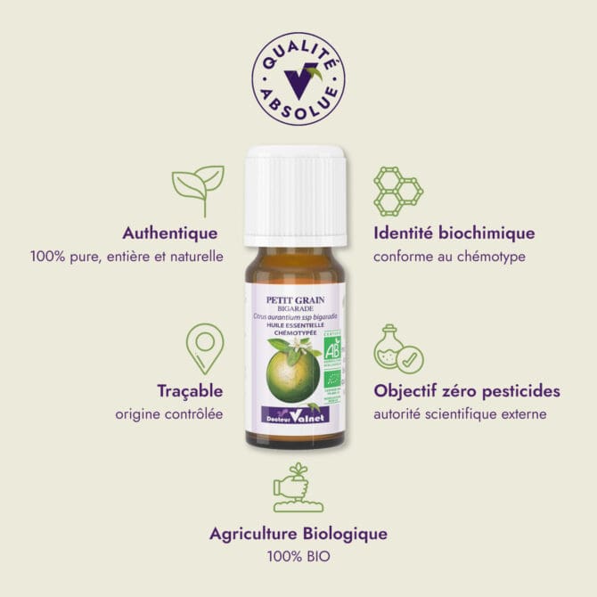 Huile essentielle Petit grain bigarade du Dr Valnet (10ml). Qualité Absolue Docteur Valnet. 100% pure, entière et naturelle. Agriculture Biologique. 100% BIO. Identité biochimique : conforme au chémotype. Objectif zéro pesticides.