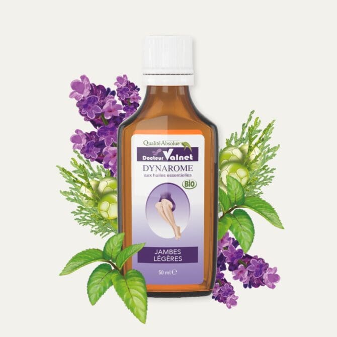 Dynarome, jambes légères. Préparation à base d'huiles essentielles 100% bio du Docteur Valnet. Flacon de 50 ml