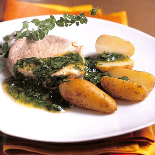 Filet de veau vapeur et sauce aux herbes et à la mandarine