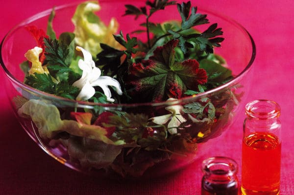 Bol de salade sur fond rose