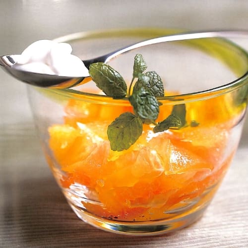 Oranges et pamplemousses en gelée, crème au géranium rosat