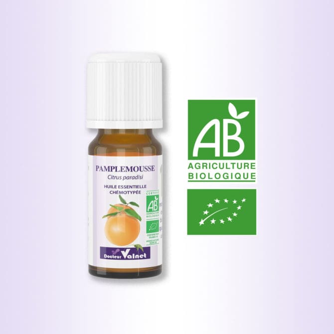 flacon 10 ml d'huile essentielle de Pamplemousse. Certifiée label AB, Agriculture Biologique.