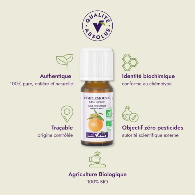 Huile essentielle de Pamplemousse du Dr Valnet (10ml). Qualité Absolue Docteur Valnet. 100% pure, entière et naturelle. Agriculture Biologique. 100% BIO. Identité biochimique : conforme au chémotype. Objectif zéro pesticides.