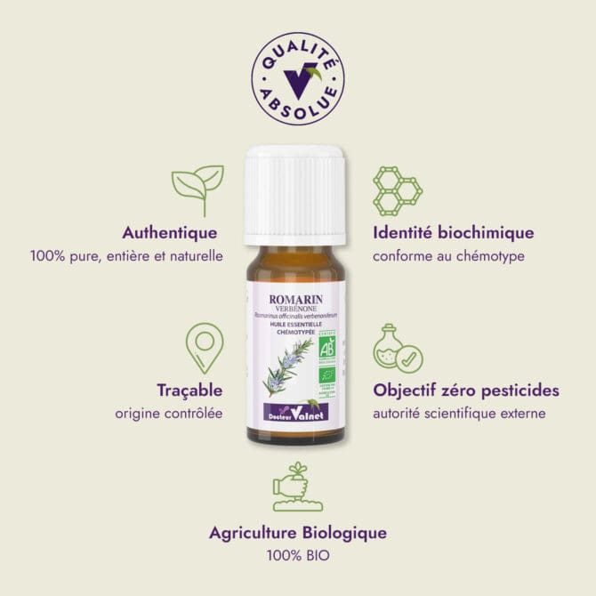 Huile essentielle romarin verbénone. Qualité Absolue Docteur Valnet. 100% pure, entière et naturelle. Agriculture Biologique. 100% BIO. Identité biochimique : conforme au chémotype. Objectif zéro pesticides.