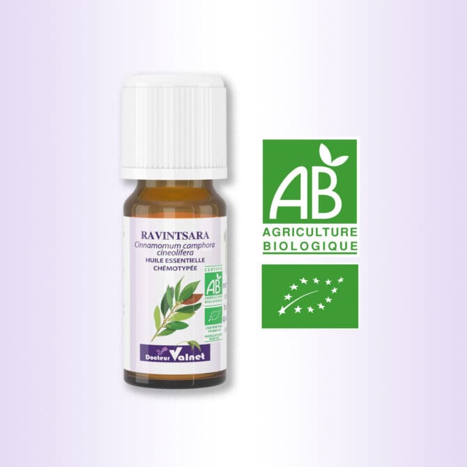 Flacon 10 ml d'huile essentielle de Ravintsara. Certifiée label AB, Agriculture Biologique.