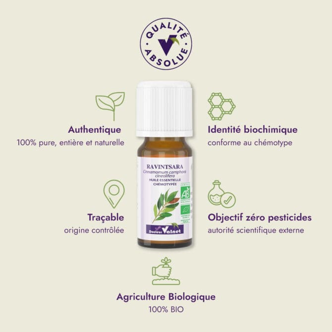 Huile essentielle de Ravintsara du Dr. Valnet (10 ml). Qualité Absolue Docteur Valnet. 100% pure, entière et naturelle. Agriculture Biologique. 100% BIO. Identité biochimique : conforme au chémotype. Objectif zéro pesticides.