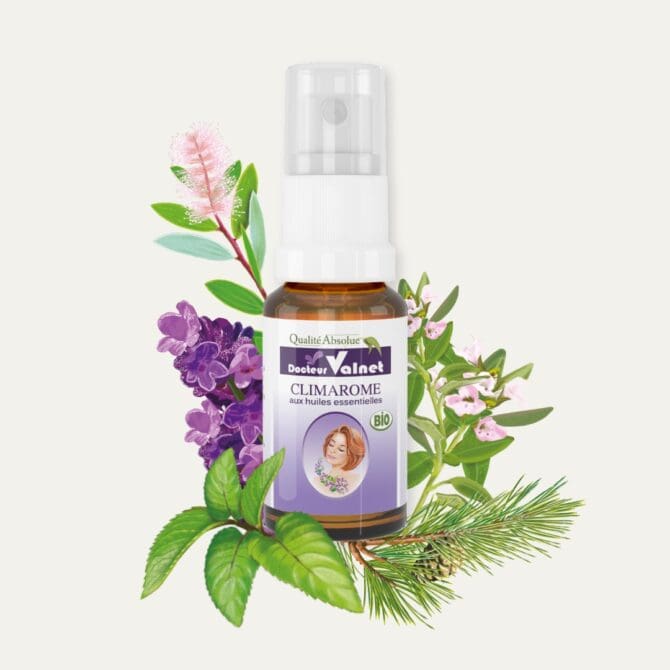 Climarome, bien-être respiratoire. Préparation à base d'huiles essentielles 100% bio du Docteur Valnet. Flacon de 15 ml