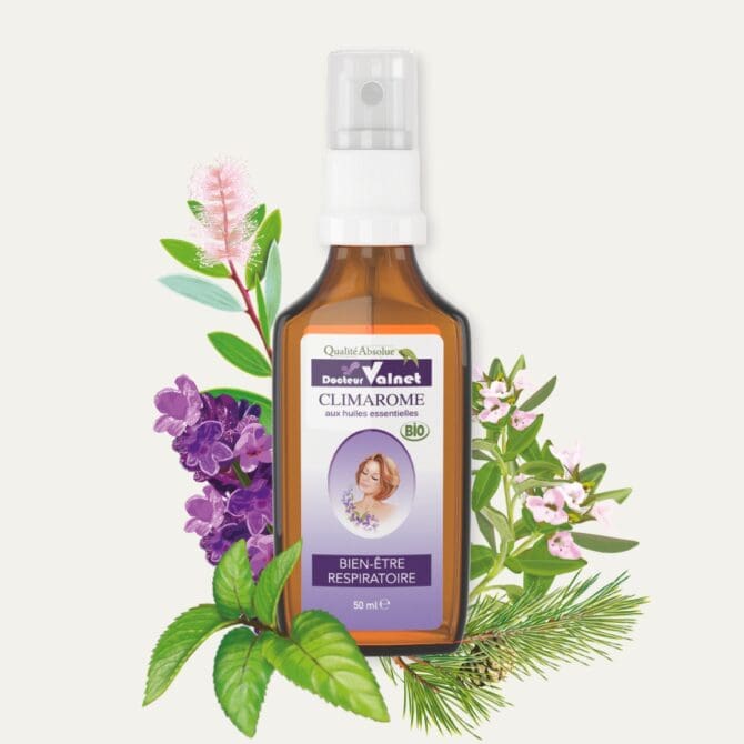 Climarome, bien-être respiratoire. Préparation à base d'huiles essentielles 100% bio du Docteur Valnet. Flacon de 50 ml