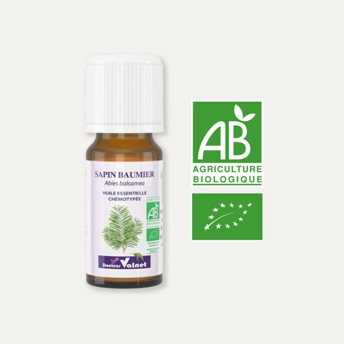Flacon 10 ml d'huile essentielle de Sapin Baumier. Certifiée label AB, Agriculture Biologique.
