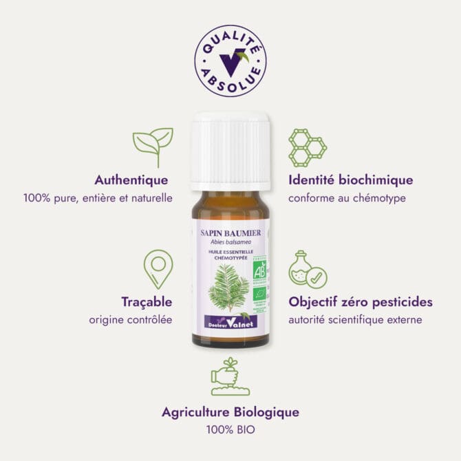 Huile essentielle de Sapin baumier du Dr. Valnet (10 ml). Qualité Absolue Docteur Valnet. 100% pure, entière et naturelle. Agriculture Biologique. 100% BIO. Identité biochimique : conforme au chémotype. Objectif zéro pesticides.