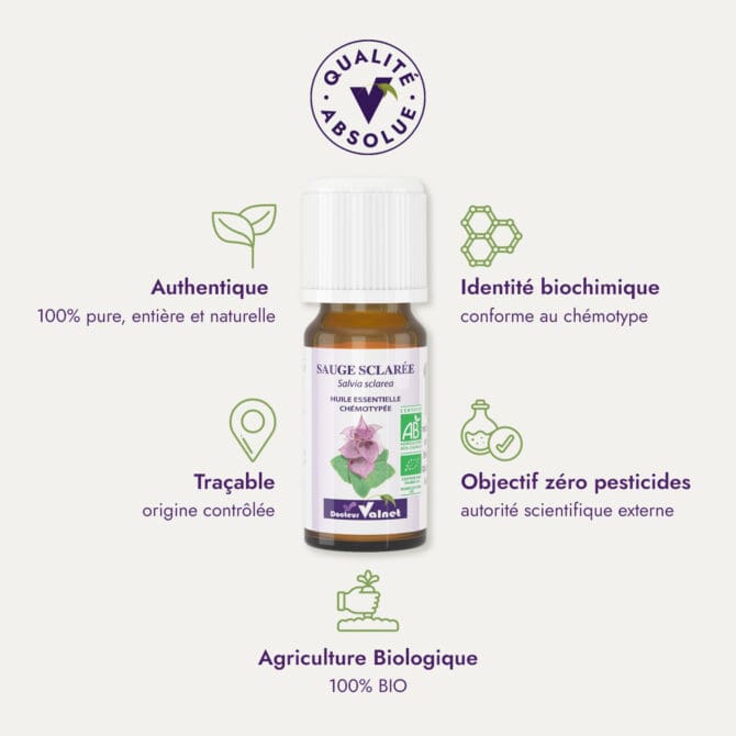 Huile essentielle Sauge sclarée. Qualité Absolue Docteur Valnet. 100% pure, entière et naturelle. Agriculture Biologique. 100% BIO. Identité biochimique : conforme au chémotype. Objectif zéro pesticides.