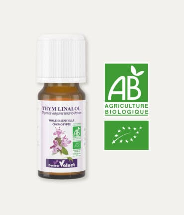 flacon 5 ml d'huile essentielle de Thym Linalol 100% BIO, certifiée label AB, Agriculture Biologique.